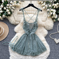 Sexy Lace Nightwear Dress – Ruffle Straps & Bow Back Design