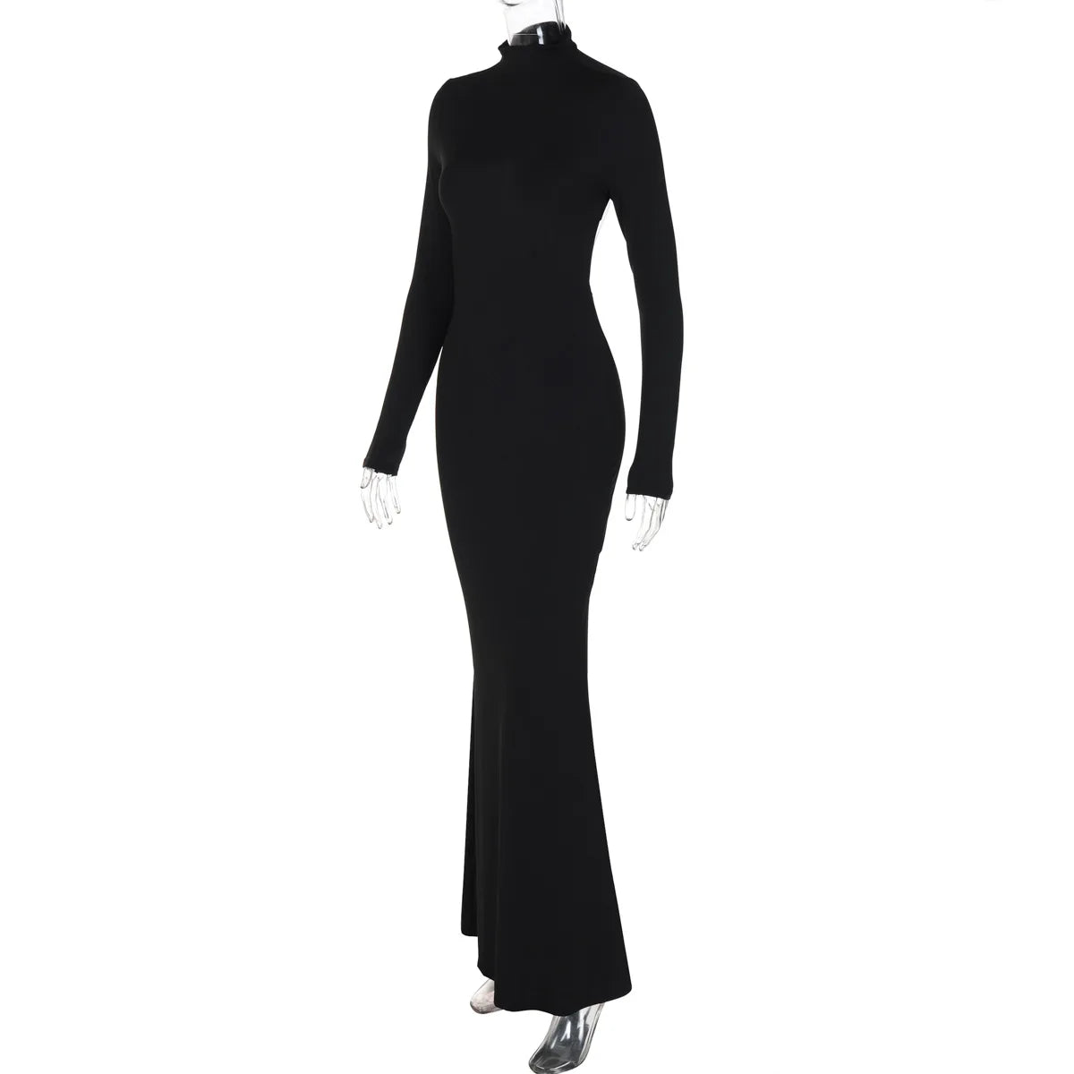 Black long-sleeve dress on a mannequin against a white background