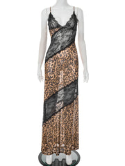 Mannequin wearing a dress with leopard print and lace details on a white background