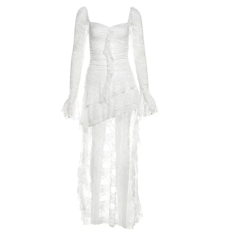 White lace dress with long sleeves on a white background