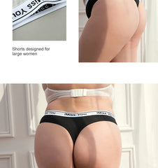 Black and white underwear with 'I Miss You' waistband on a model, displayed against a neutral background.