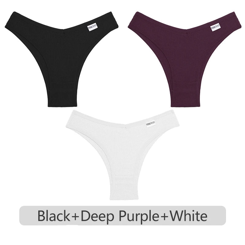 Three pairs of men's underwear in black, deep purple, and white on a light gray background.