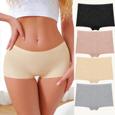 Woman wearing beige underwear with inset images of black, pink, and gray underwear.
