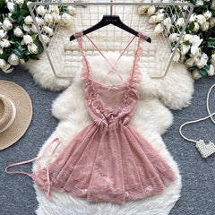 Sexy Lace Nightwear Dress – Ruffle Straps & Bow Back Design