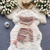 Sexy Sequin Halter Mini Set – Lace-Up & Backless Clubwear