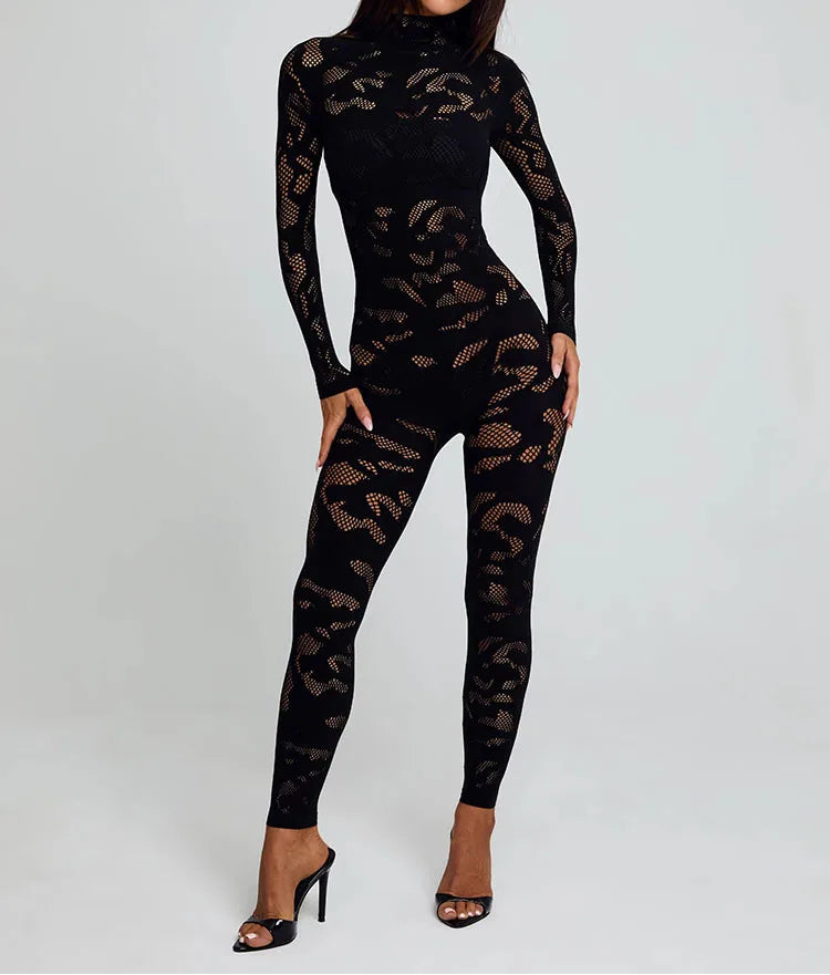 Black lace jumpsuit worn by a model on a white background