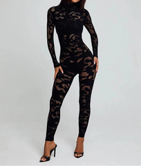 Black lace jumpsuit worn by a model on a white background