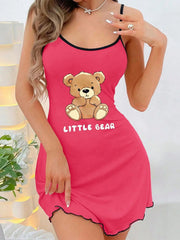 Pink nightgown with teddy bear design and 'Little Bear' text on a white background
