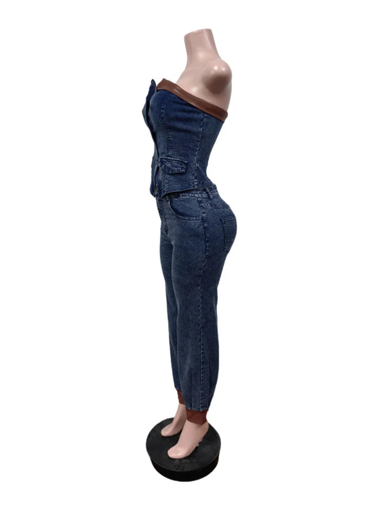 Mannequin wearing a blue denim outfit on a white background