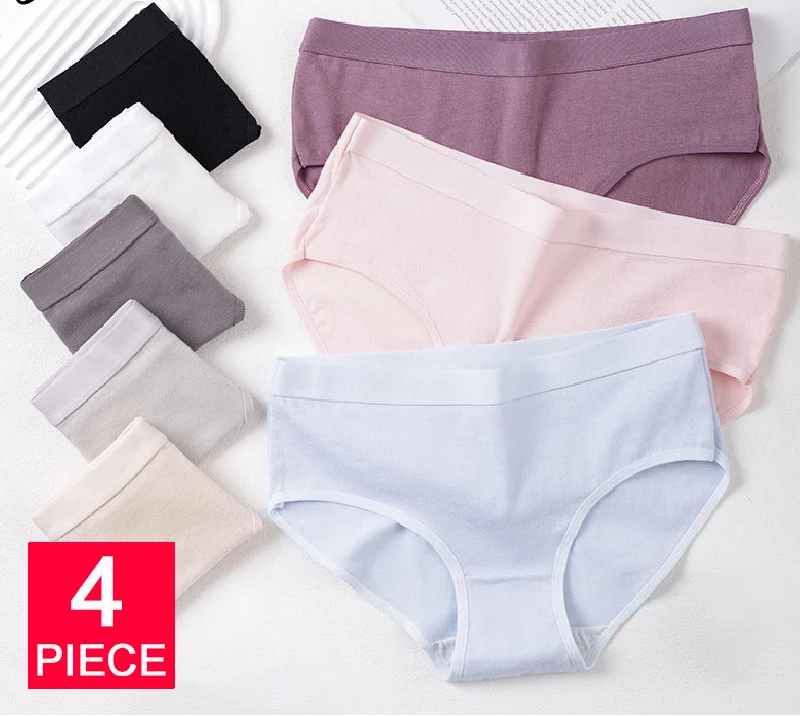 Four pairs of women's high-waisted briefs in black, white, gray, beige, light blue, pink, and mauve, arranged on a white background with a red '4 PIECE' label and the brand name Felinus.