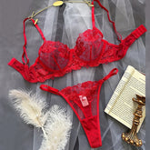 Red lace lingerie set on a gray background with decorative elements.