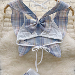 Japanese Plaid Bow Hollow‑Out Tank & Skirt Set