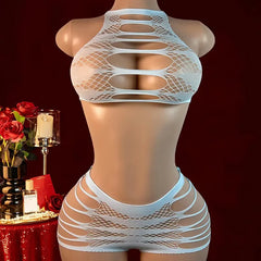 Women Fishnet Hollow Two Piece Lingerie Set
