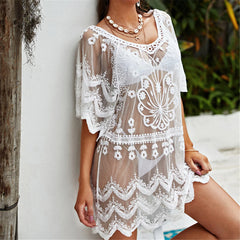 Embroidered V-Neck Beach Cover-Up – Sheer Short Sleeve Tunic Dress