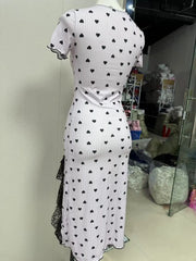 Heart Print Lace Slit Midi Nightgown