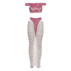 Pink top and white ruched skirt set on a white background