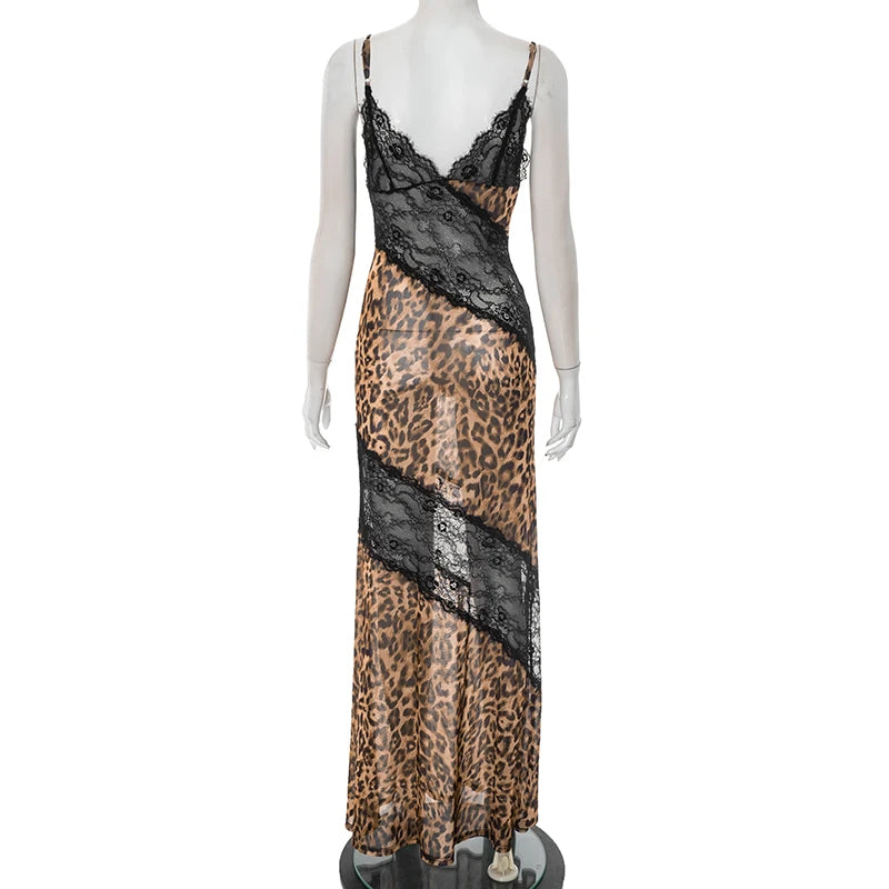 Mannequin wearing a leopard print dress with black lace details on a white background