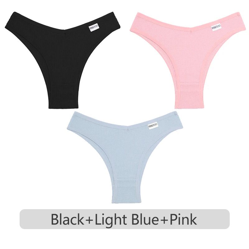 Three pairs of underwear in deep purple, light blue, and pink on a white background.