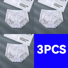 Four-panel collage showing the same white lace underwear bottom laid flat on a gray surface, with a white magazine or booklet and a large blue panel reading '3PCS'. No person, animal, or real environment is present, so this is Product/Packaging rather than Lifestyle.