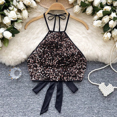 Shiny Sequined Halter Neck Top for Women