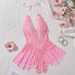 Women's Sexy See-Through Lace Flower Print Bodysuit Teddy Doll Dress Backless One-piece Deep V Open Bra Crotchless Lingerie Set