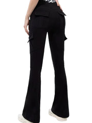 Black flared pants worn by a person on a white background
