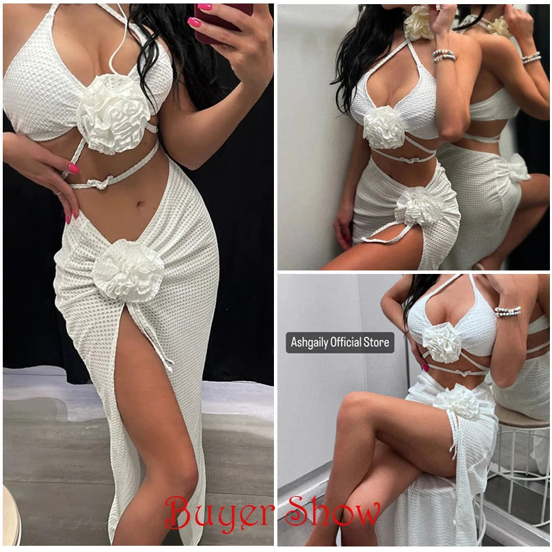 White two-piece outfit with floral details worn by a model, displayed in multiple angles.