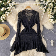 Sexy Sheer Lace Ruffle Dress – V-Neck & Long Sleeve Midi