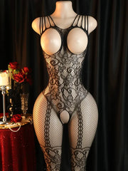 Front view of black floral mesh bodystocking with open-front detailing