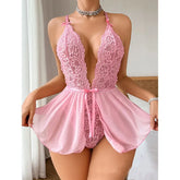 Women Lace Babydoll Mini Dress Thong Set