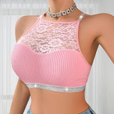 Pink lace-trimmed crop top with silver accents on a neutral background