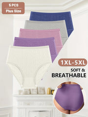 Set of plus size underwear in various colors with text indicating size range and comfort features.
