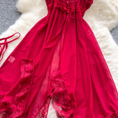 Irregular Mesh Lace Spliced Nightgown – Women’s Sheer Sleepwear Dress