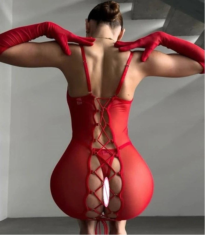 Person wearing a red lace-up bodysuit with 'TOUCHEART' branding.