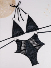 Black bikini set with mesh details on a white background