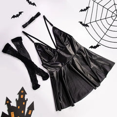 Black leather outfit with gloves and harness on a Halloween-themed background with bats and spider webs.