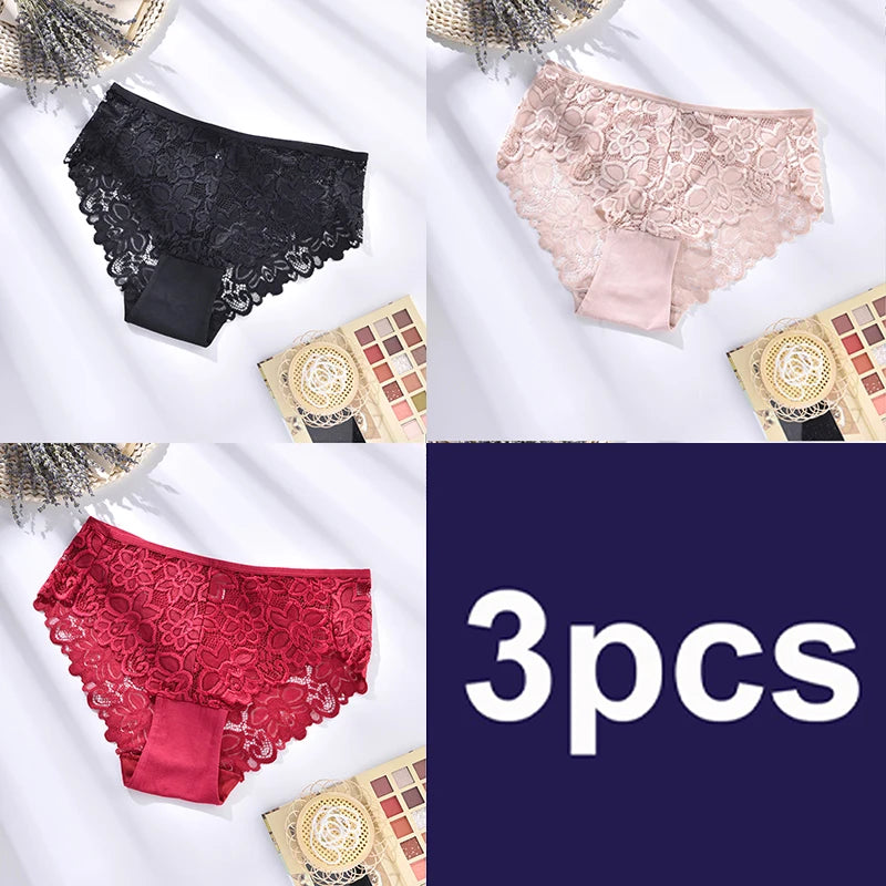 Three pairs of lace underwear in black, pink, and red with '3pcs' text on a white background.
