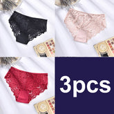 Three pairs of lace underwear in black, pink, and red with '3pcs' text on a white background.