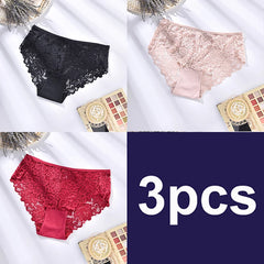 Three pairs of lace underwear in black, pink, and red with '3pcs' text on a white background.