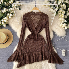 Sexy Sheer Lace Ruffle Dress – V-Neck & Long Sleeve Midi