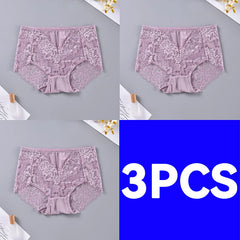 Three pairs of women's high-waisted lace briefs in a dusty lavender-purple color, arranged in a 2x3 grid with a blue panel on the bottom right reading '3PCS' in white text.