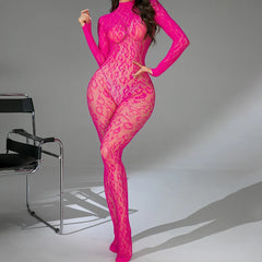 Lace Knit Mock Neck Full Body Catsuit