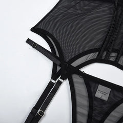 Black mesh lingerie with straps on a white background