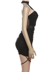 Black dress on a mannequin against a white background