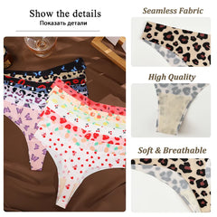 Collection of women's underwear with various patterns on a brown surface, accompanied by close-up images of fabric details.