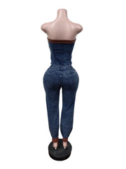 Mannequin wearing a blue denim jumpsuit on a white background
