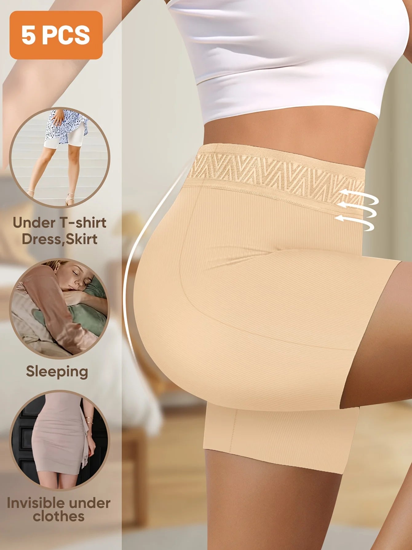 Beige shapewear with text and icons on a neutral background