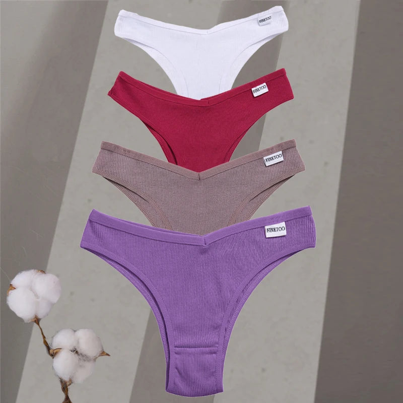Four pairs of underwear in white, red, brown, and purple on a gray background with cotton plant.