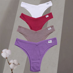 Four pairs of underwear in white, red, brown, and purple on a gray background with cotton plant.