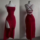 Red dress on a mannequin with front and back views against a neutral background